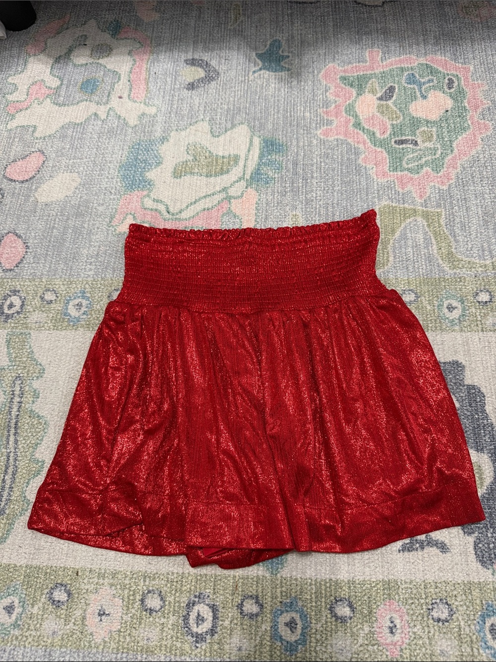 TCEC Red Shimmery Smocked Waist Shorts